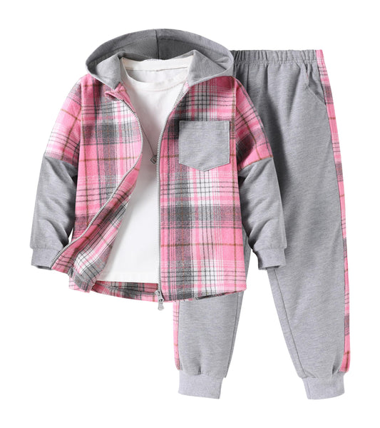 EDFTM Girls Sweatsuit Set Zip Up Cute Plaid Flannel Hoodie and Jogger Pants for Kids Fall Winter Spring Outfits Gray 5-6 Years
