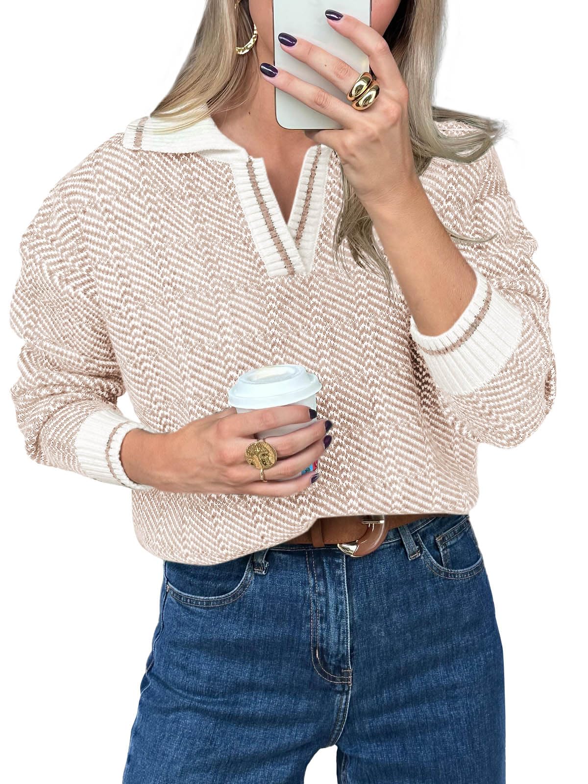 Saodimallsu Womens Fall Sweaters Tops Lapel V Neck Knit Color Block Shirt