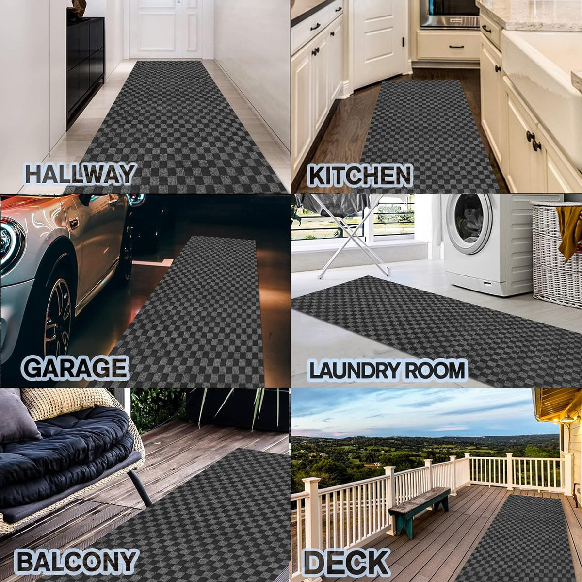 Custom Size Backed Non-Slip Area Rugs Runner, Easy Clean, Waterproof Runner Rugs for Hallway Entryway, Kitchen, Laundry, 3FT x 55FT, Gray Checkered