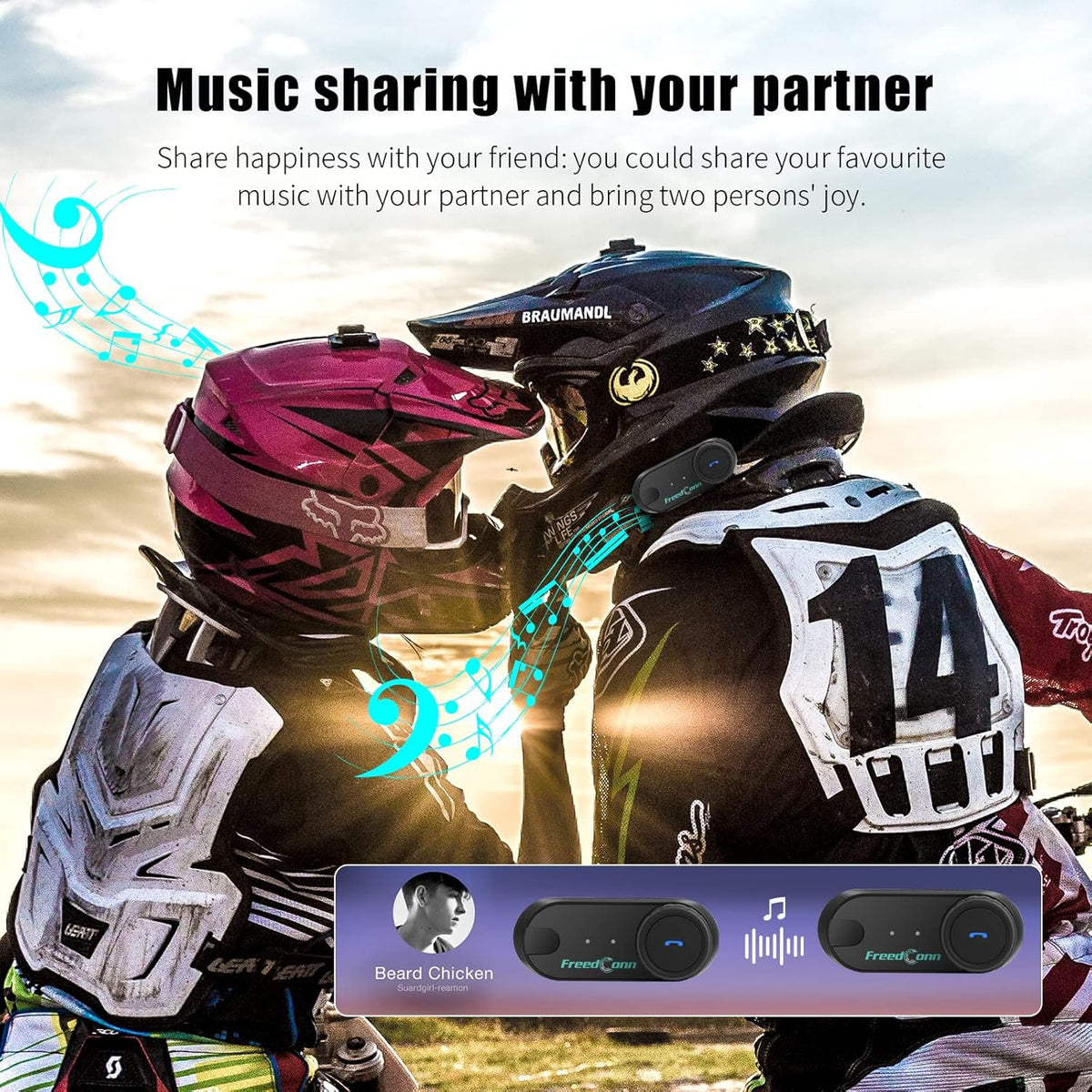 FreedConn TCOM VB Motorcycle Helmet Bluetooth Headset, Motorcycle Communication Systems with CVC Noise Cancellation, Stereo Music, 3 Riders 0.5mi/800m intercom, 12Hrs Intercom, IP65, 2 Pack