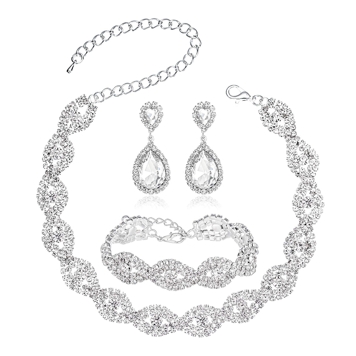 Miraculous Garden 3 Pack Bridal Rhinestone Crystal Statement Choker Necklace Link Bracelet and Teardrop Dangle Earrings Jewelry Set