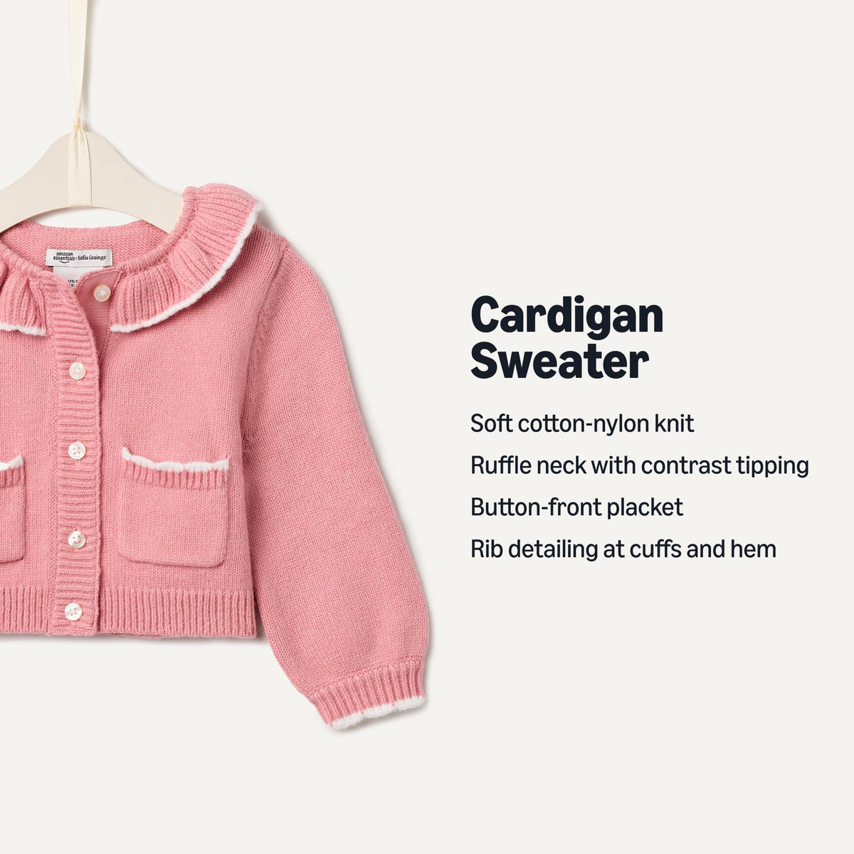 Amazon Essentials x Sofia Grainge Toddler Girls' Cardigan Sweater with Ruffle Neck, Button-Front, Soft Cotton-Nylon Knit, Blush, 2T