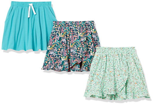 Amazon Essentials Girls' Knit Skorts with Elastic Waist and Built-in Shorts, Pack of 3, Teal Blue, Medium