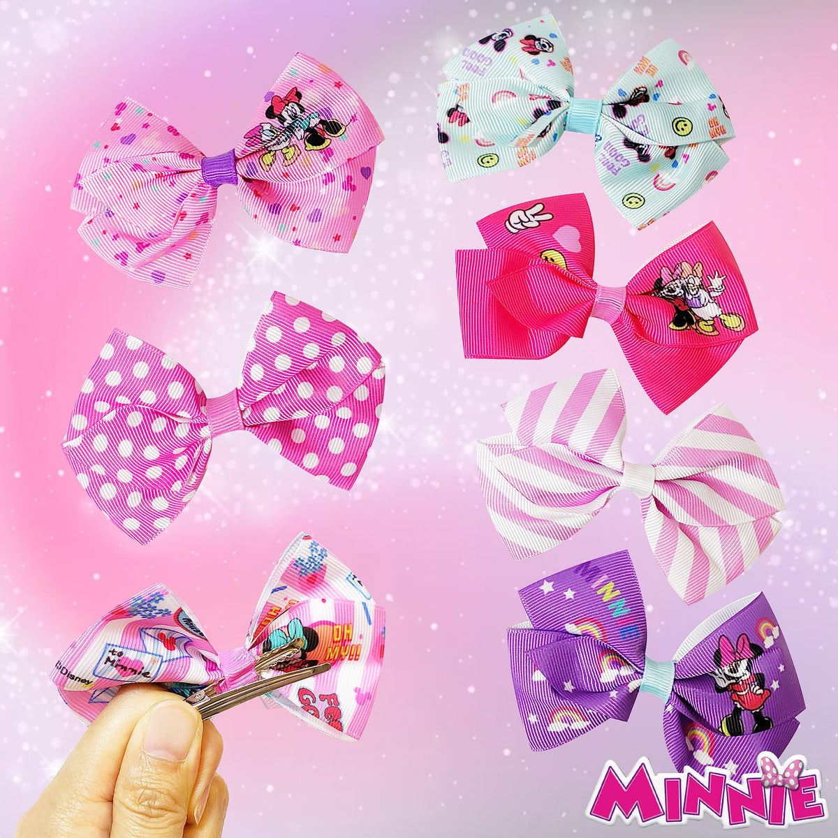 Disney Minnie Mouse Hair Bows - Hair Accessories Gift Set - Minnie Hair Bow - 7 Pcs 4 Inch Bundle - Hair Bows for Girls - Minnie on each clip - Alligator Clip - Ages 3 +