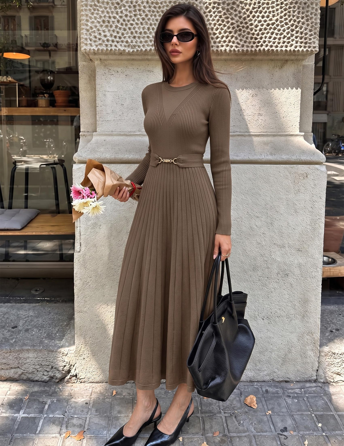 ZESICA Womens Fall Long Sleeve Pleated Midi Sweater Dresses Brown S