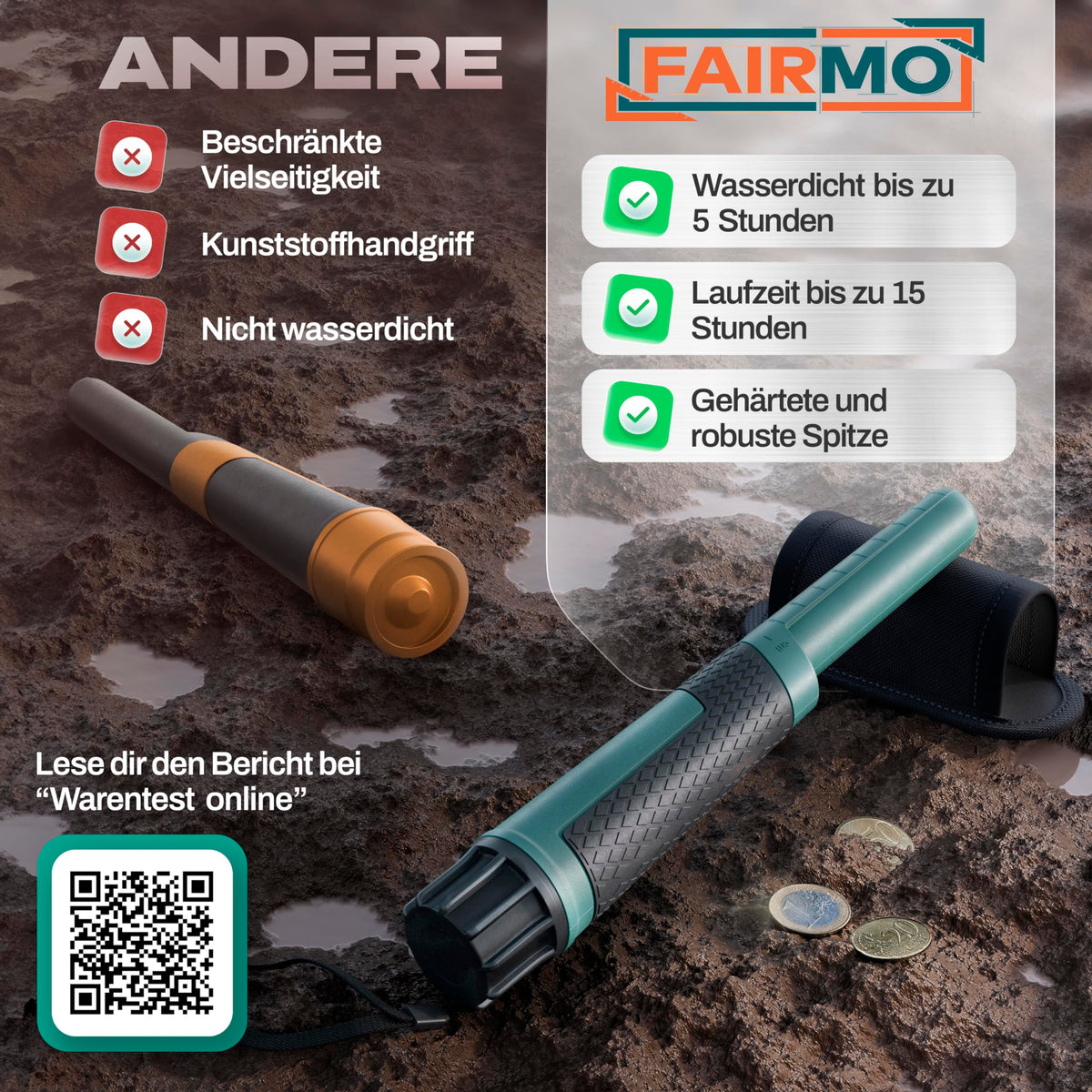 Metal Detector Set for Searching Gold - Metal Finder Including LED Light Underwater - The Waterproof pinpointer - Metal Detector for Adults and Children - FAIRMO