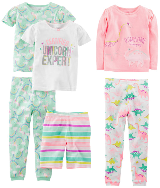 Simple Joys by Carter's Toddler Girls 6-piece Snug Fit Cotton Pajama Set, Dinosaur, Rainbow,Unicorn, 4T