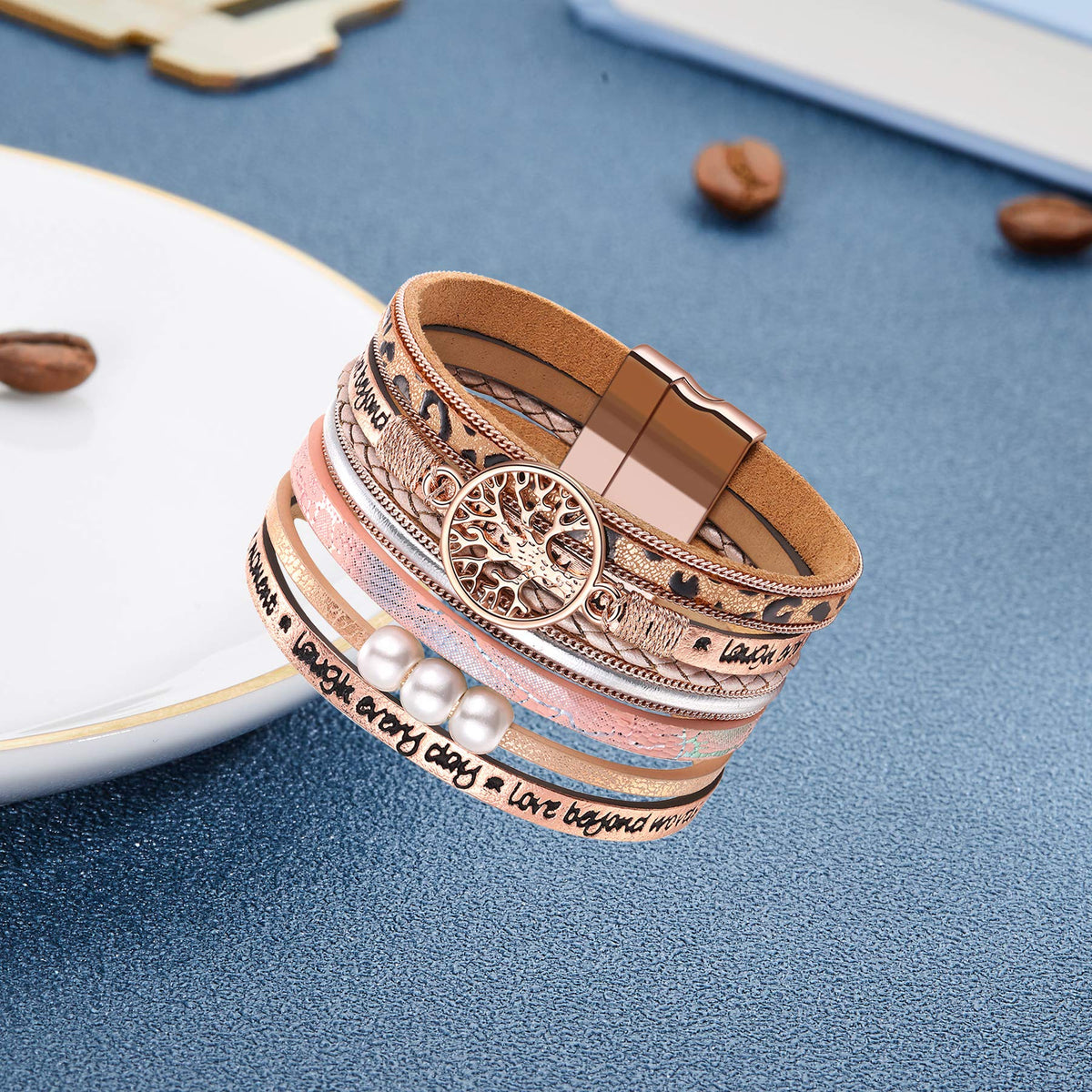 Desimtion Gifts for Teenage Girls, Inspirational Leopard print rose gold leather Wrap Boho Bracelets for Women,Easter Christmas Birthday Jewelry Gifts for Teen Girls