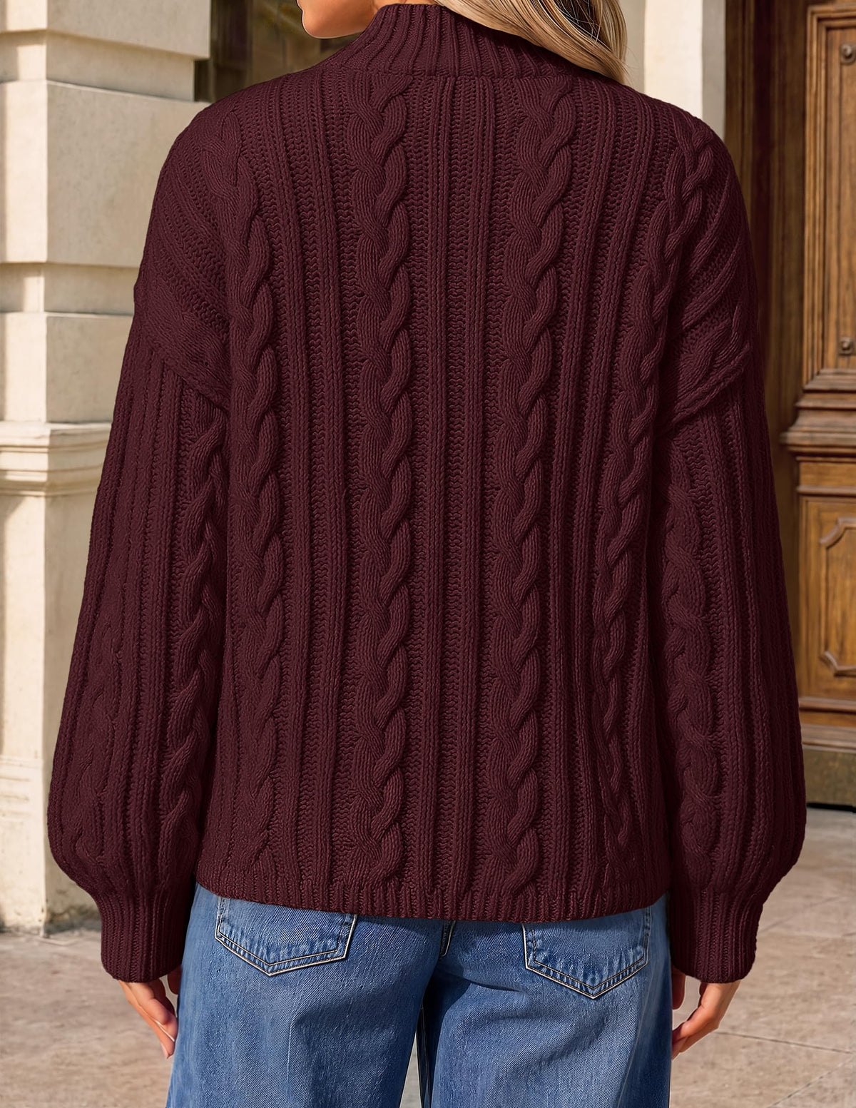 ZESICA Women's Fall Sweater Oversized Mock Neck Cable Knit Outfit Wine L