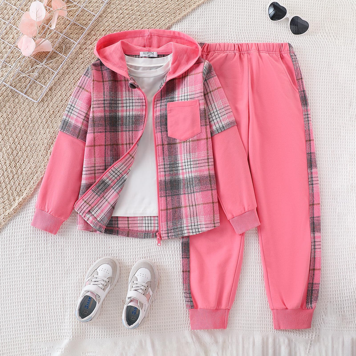 EDFTM 2Pcs Girls Clothes Zip Up Plaid Flannel Sweatshirt and Jogger Sweatpants for Kids Fall Winter Spring Outfits Pink 7-8 Years