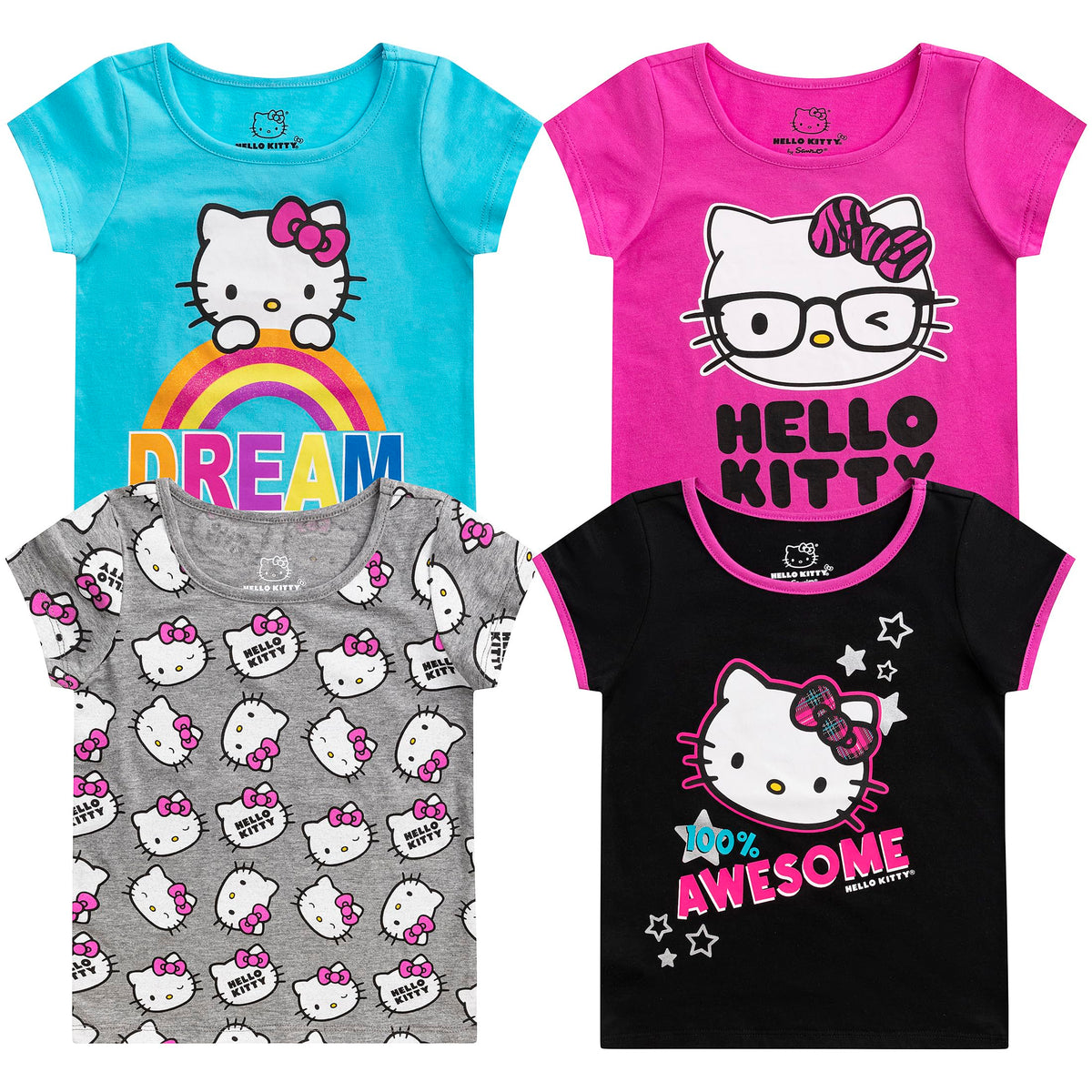 Hello Kitty Girls 4 Pack Short Sleeve T-Shirt for Toddler, Little and Big Kids Multicolor