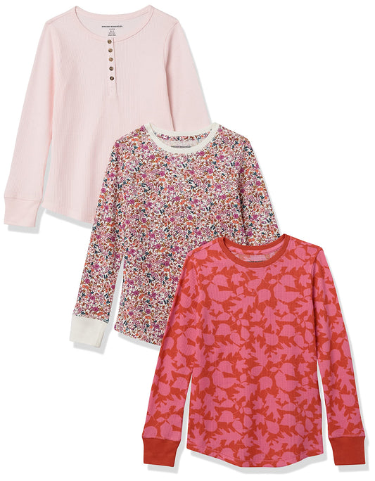 Amazon Essentials Toddler Girls' Long-Sleeve Knit Thermal T-Shirts, Pack of 3, 3-pack Pink Floral, 2T