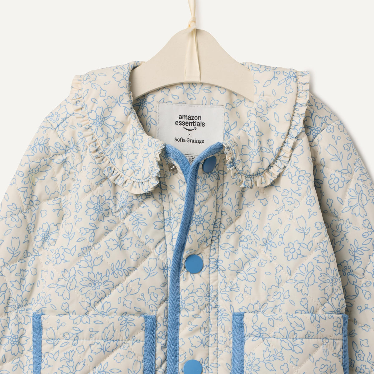 Amazon Essentials X Sofia Grainge Unisex Babies' Midweight Field Jacket with Ruffle, Ivory Blue Outlined Blooms, 3T