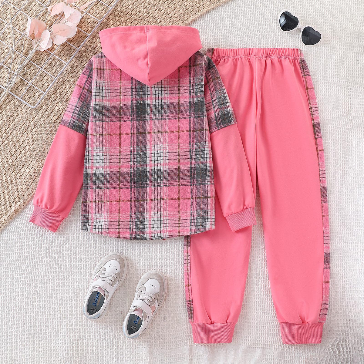 EDFTM 2Pcs Girls Clothes Zip Up Plaid Flannel Sweatshirt and Jogger Sweatpants for Kids Fall Winter Spring Outfits Pink 7-8 Years