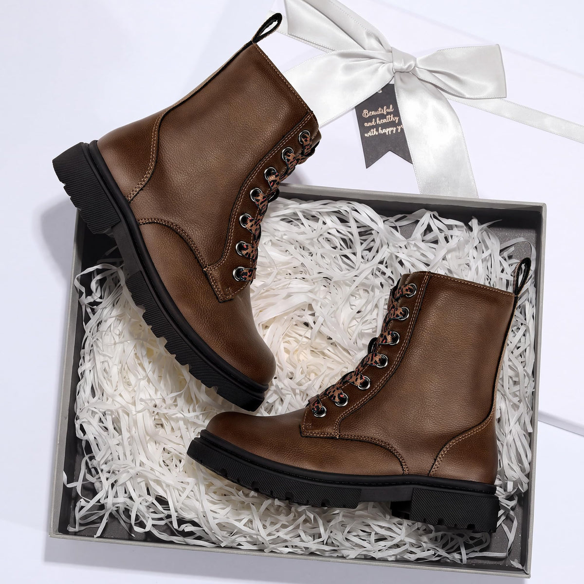 Stelle Girls Combat Ankle Boots with Printed Lace-Up Side Zipper(BN, 3ML)