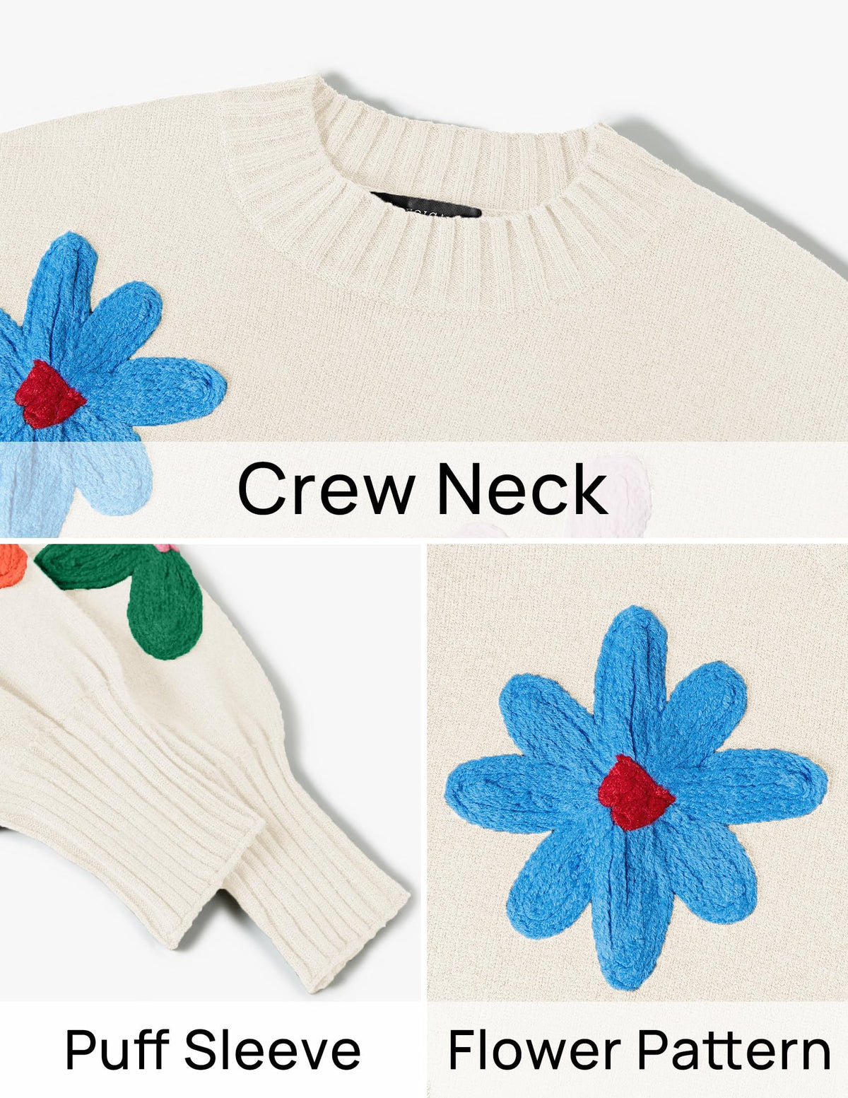 ZESICA Womens Fall Winter Floral Sweaters Cute Knit Pullover Tops, Ivory, L