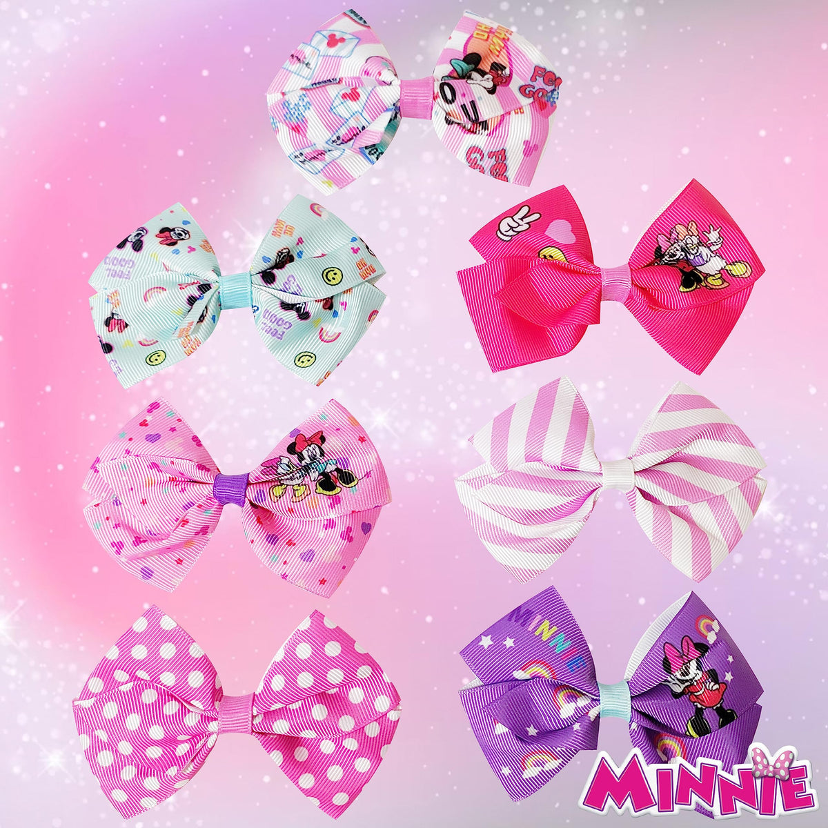 Disney Minnie Mouse Hair Bows - Hair Accessories Gift Set - Minnie Hair Bow - 7 Pcs 4 Inch Bundle - Hair Bows for Girls - Minnie on each clip - Alligator Clip - Ages 3 +