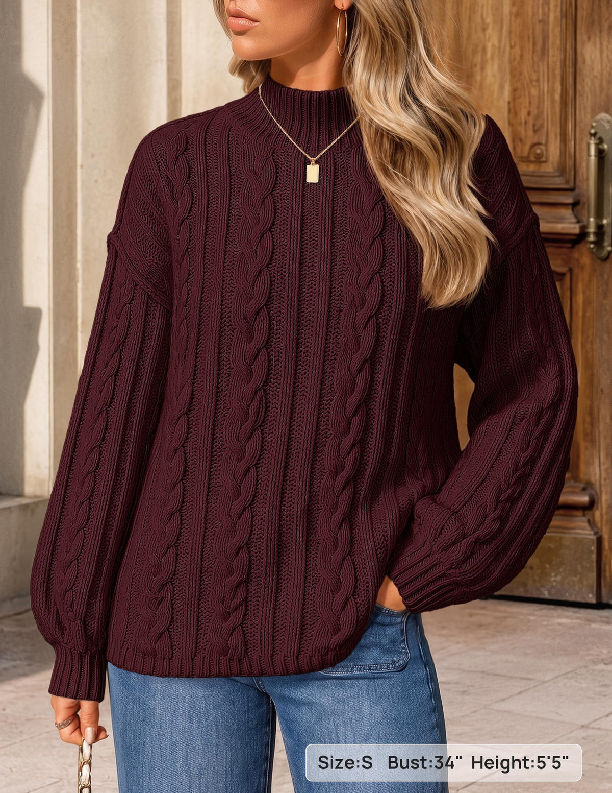 ZESICA Women's Fall Sweater Oversized Mock Neck Cable Knit Outfit Wine L