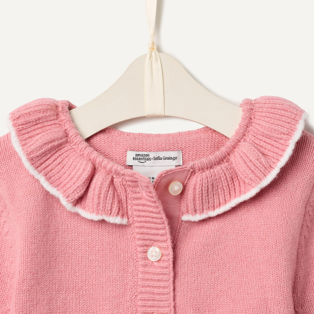 Amazon Essentials x Sofia Grainge Toddler Girls' Cardigan Sweater with Ruffle Neck, Button-Front, Soft Cotton-Nylon Knit, Blush, 2T