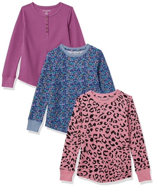 Amazon Essentials Girls' Long-Sleeve Knit Thermal T-Shirts, Pack of 3, 3-pack Purple Animal, Large