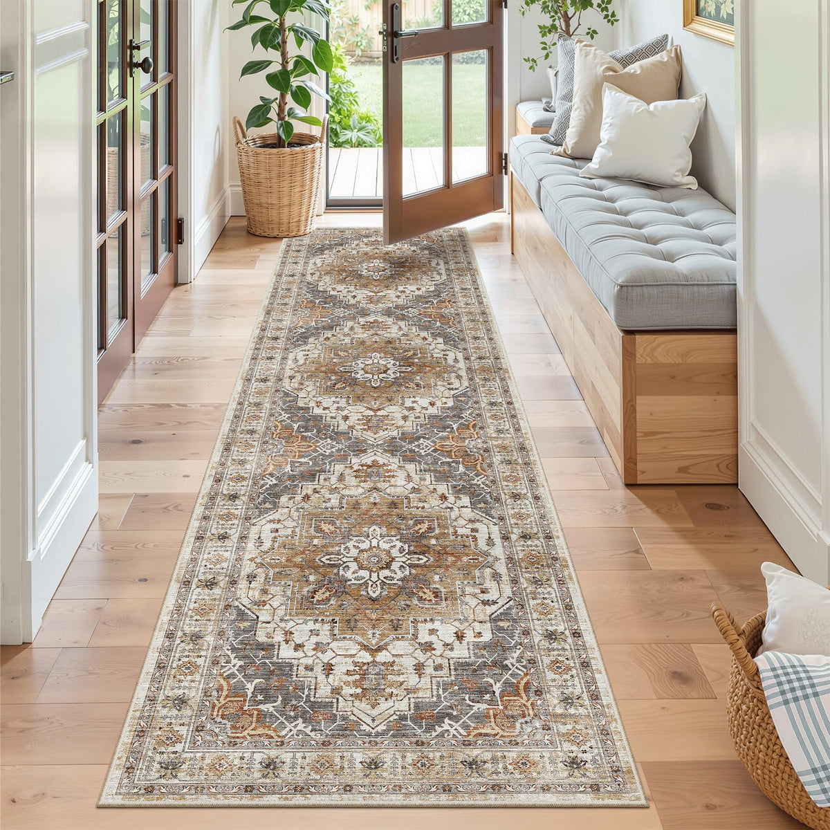 Madane Hallway Runner Rug 2x8 Washable Kitchen Rugs Non-Slip, Turmeric/Grey