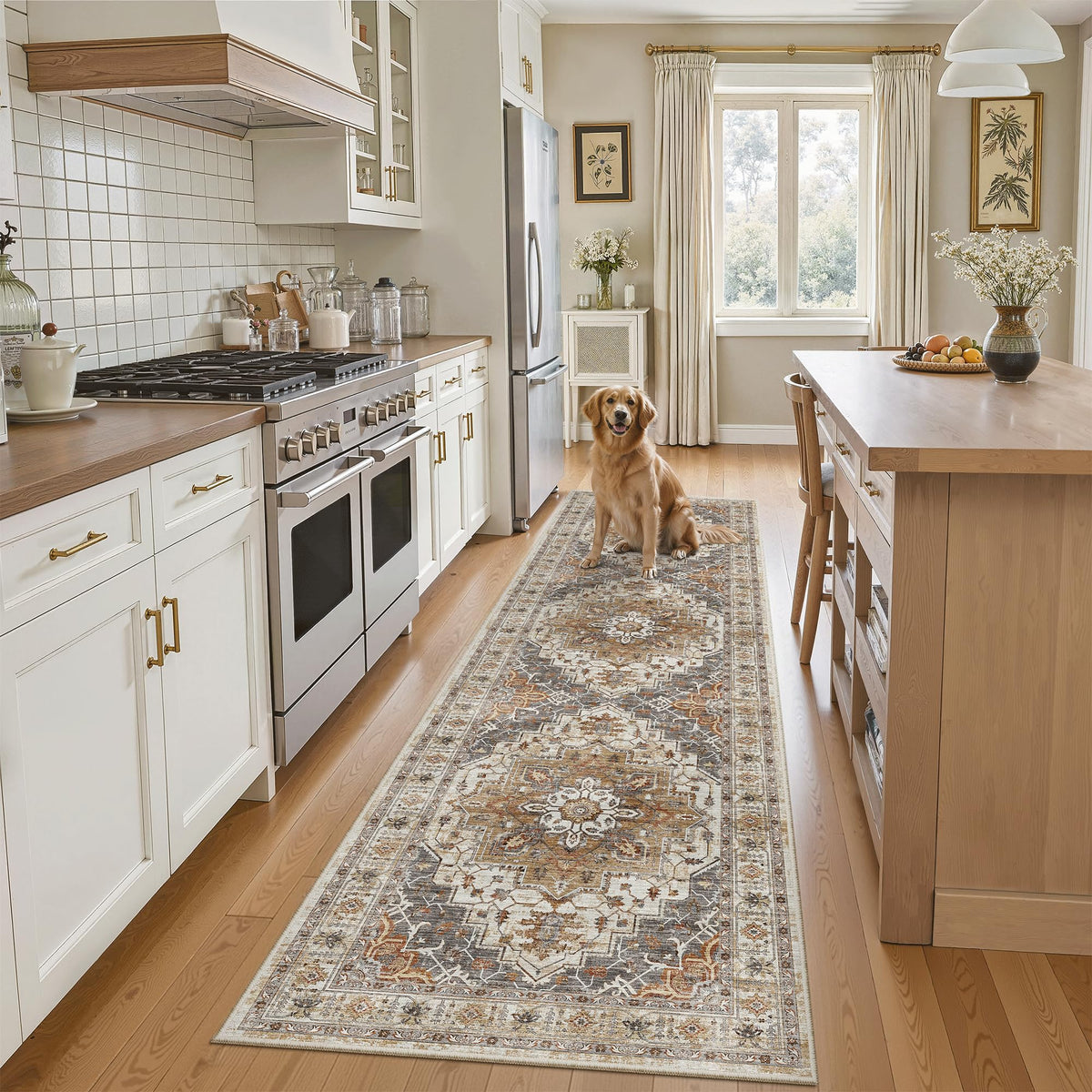 Madane Hallway Runner Rug 2x8 Washable Kitchen Rugs Non-Slip, Turmeric/Grey