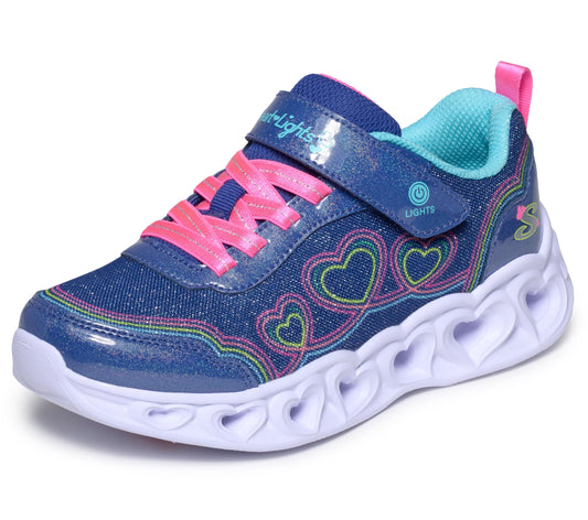 Skechers Rainbow Heart Light Up Sneakers - Kids Casual Shoes with Gore Strap and On/Off Button, Navy Textile/Synthetic/Multi Trim, 2H