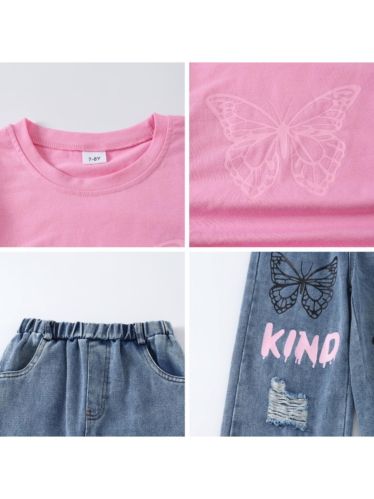 LKALPSQ Girls Outfits Teen Girls Clothes Butterfly Graphic Crop Short Sleeve T Shirts & Ripped Print Wide Leg Jeans 2PCS Girls Clothing Set 9-10 Years