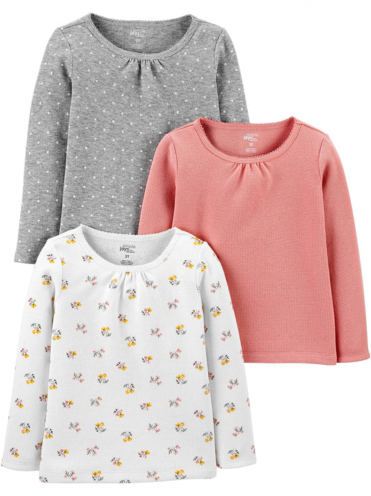 Simple Joys by Carter's Girls' Long-sleeve Thermal Shirts, Pack of 3, Grey Dots/Peach/White Floral, 5T