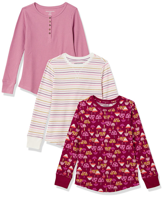 Amazon Essentials Toddler Girls' Long-Sleeve Knit Thermal T-Shirts, Pack of 3, 3-pack Berry Mushrooms, 4T