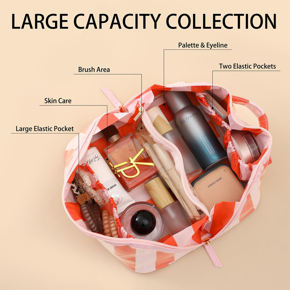 DYSHAYEN Travel Makeup Bag, Pink and Orange Striped - thewildfolk DYSHAYEN Travel Makeup Bag, Pink and Orange Striped