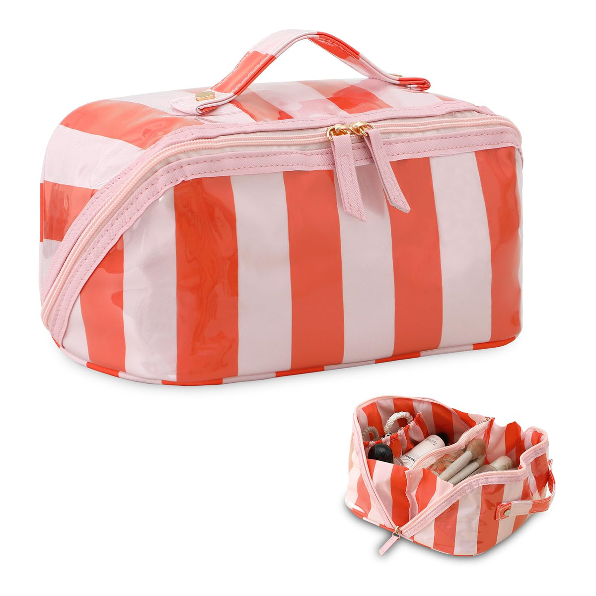DYSHAYEN Travel Makeup Bag, Pink and Orange Striped - thewildfolk DYSHAYEN Travel Makeup Bag, Pink and Orange Striped