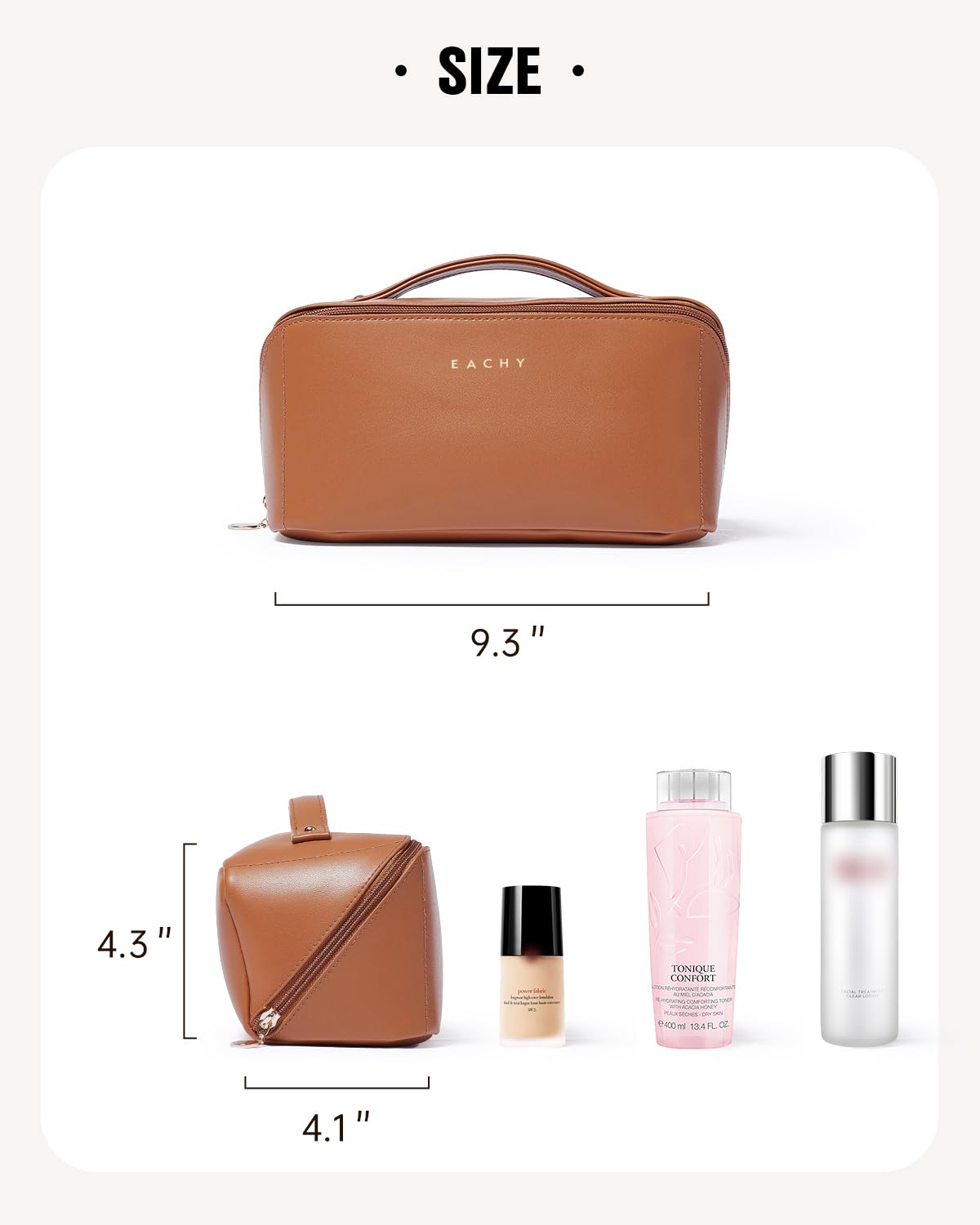EACHY Travel Makeup Bag for Women, PU Leather Cosmetic Bag, Brown, Medium - thewildfolk EACHY Travel Makeup Bag for Women, PU Leather Cosmetic Bag, Brown, Medium