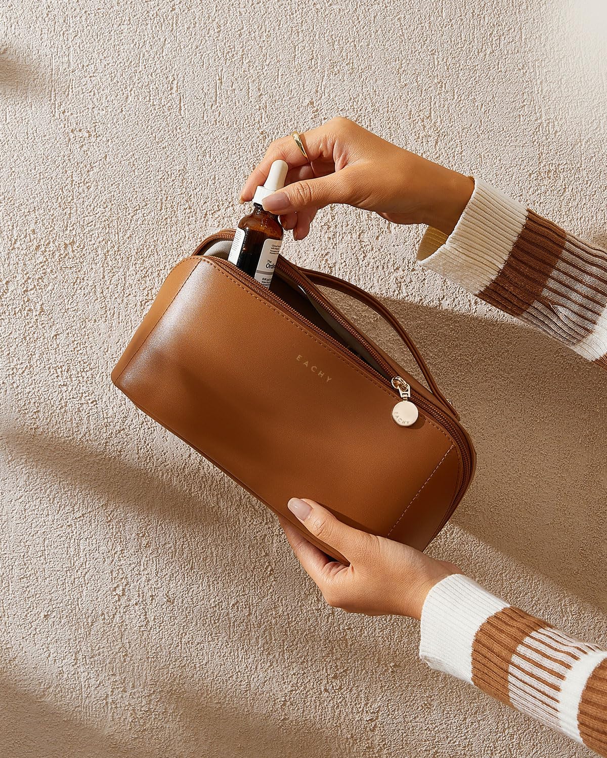 EACHY Travel Makeup Bag for Women, PU Leather Cosmetic Bag, Brown, Medium - thewildfolk EACHY Travel Makeup Bag for Women, PU Leather Cosmetic Bag, Brown, Medium