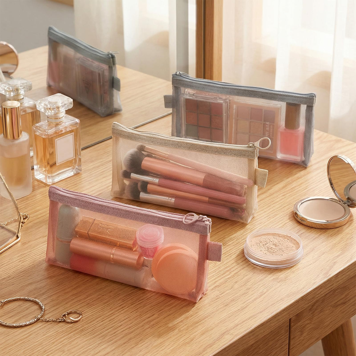 Fibraze 3 PCS Makeup Brush Pouch, Mesh Makeup Bag, Nylon Zipper Pouch, Mesh Makeups Brush Bag, Portable Clear Travel Cosmetic Bags, Small Organizer for Home Office Accessories - thewildfolk Fibraze 3 PCS Makeup Brush Pouch, Mesh Makeup Bag, Nylon Zipper Pouch, Mesh Makeups Brush Bag, Portable Clear Travel Cosmetic Bags, Small Organizer for Home Office Accessories