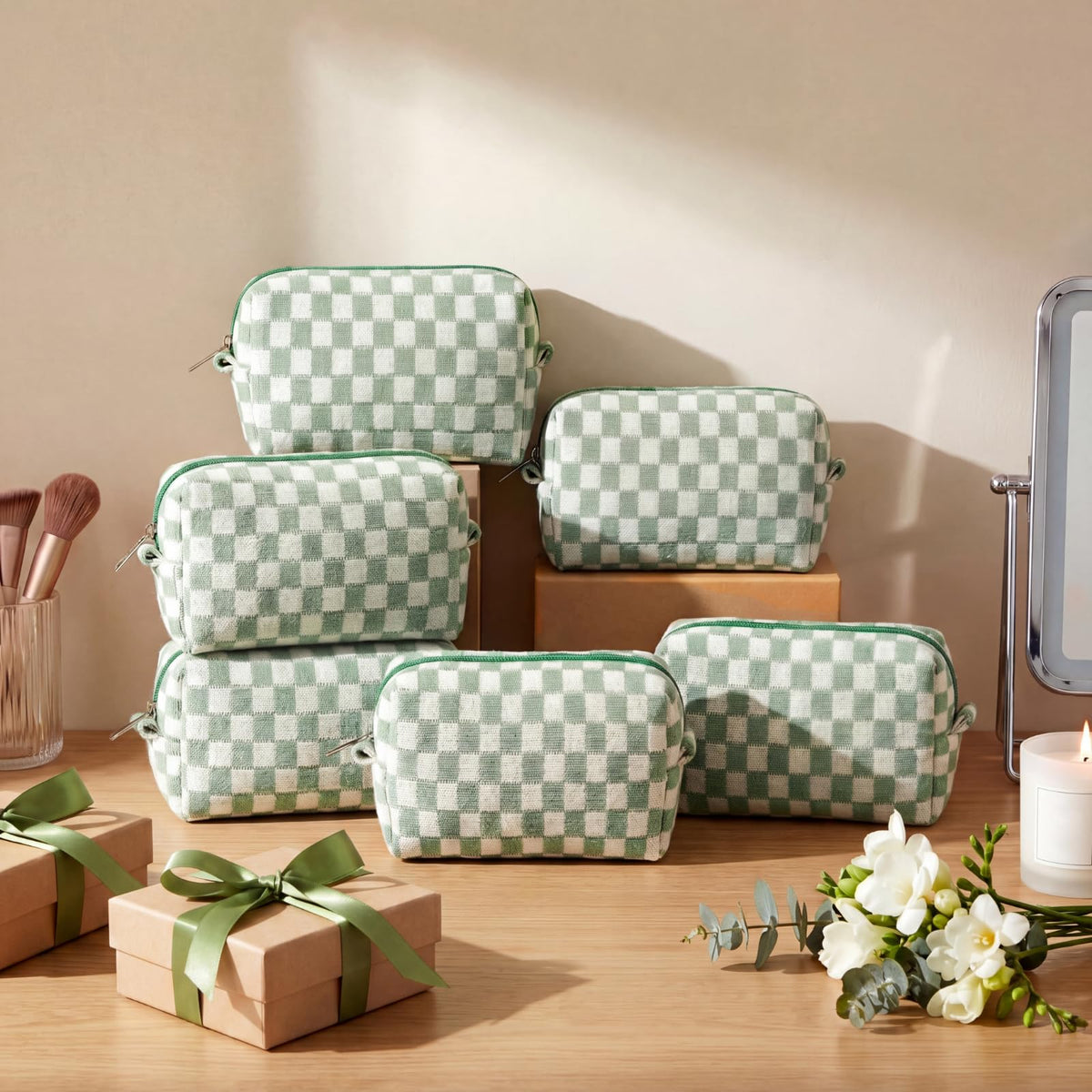 Gilprop 8 Pcs Checkered Makeup Bag Small Cosmetic Pouch Bulk,Green - thewildfolk Gilprop 8 Pcs Checkered Makeup Bag Small Cosmetic Pouch Bulk,Green