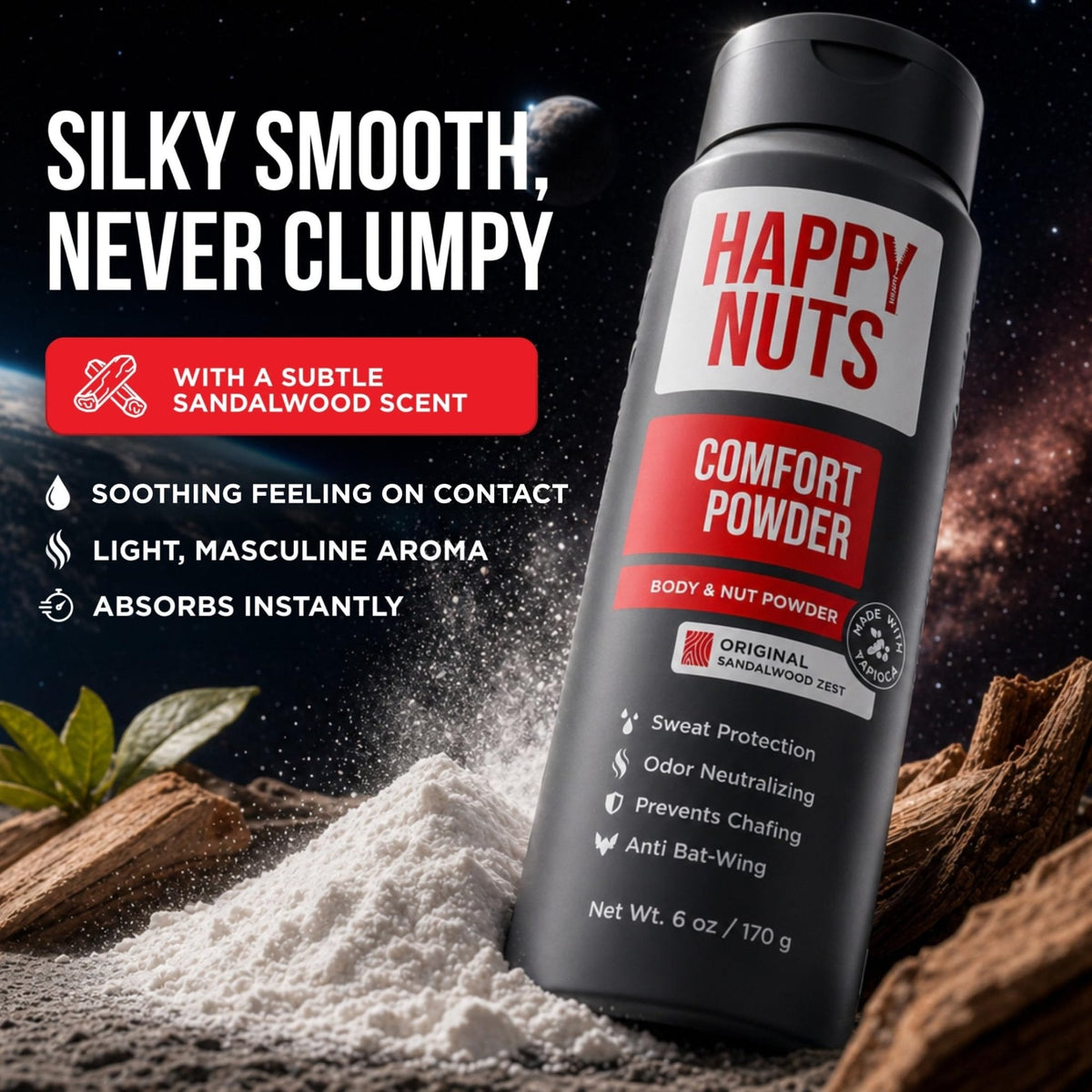 HAPPY NUTS Comfort Powder Deodorant For Men: Anti-Chafing, Sweat and Odor Control for Jock Itch, Aluminum-Free, 6 oz (1 Pack), Original Scent - thewildfolk HAPPY NUTS Comfort Powder Deodorant For Men: Anti-Chafing, Sweat and Odor Control for Jock Itch, Aluminum-Free, 6 oz (1 Pack), Original Scent