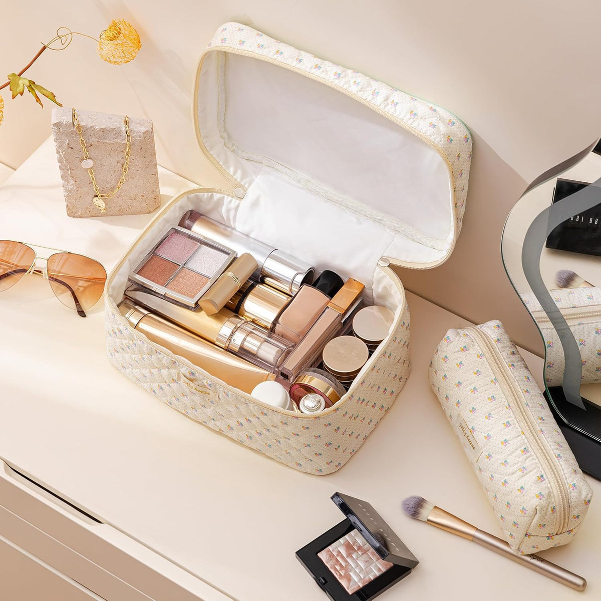 HBselect Quilted Makeup Bag, 3Pcs Cotton Large Travel Makeup Bags Organizer - thewildfolk HBselect Quilted Makeup Bag, 3Pcs Cotton Large Travel Makeup Bags Organizer
