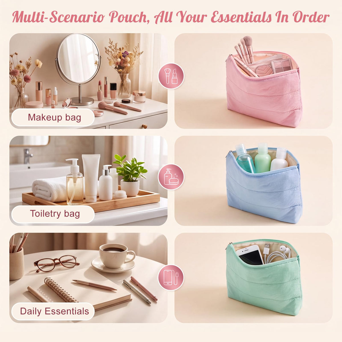 Hillban 6 Pcs Small Puffy Makeup Bags for Women, Zipper,Bright Color - thewildfolk Hillban 6 Pcs Small Puffy Makeup Bags for Women, Zipper,Bright Color