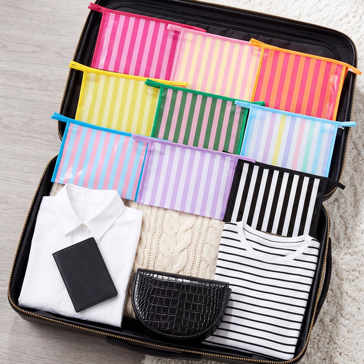 Hosuly 9 Pack Small Striped Makeup Bags Waterproof PVC Zipper Pouch - thewildfolk Hosuly 9 Pack Small Striped Makeup Bags Waterproof PVC Zipper Pouch