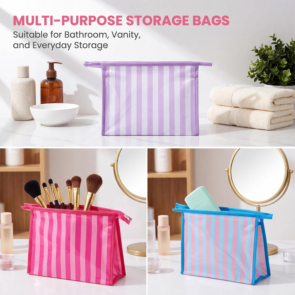 Hosuly 9 Pack Small Striped Makeup Bags Waterproof PVC Zipper Pouch - thewildfolk Hosuly 9 Pack Small Striped Makeup Bags Waterproof PVC Zipper Pouch