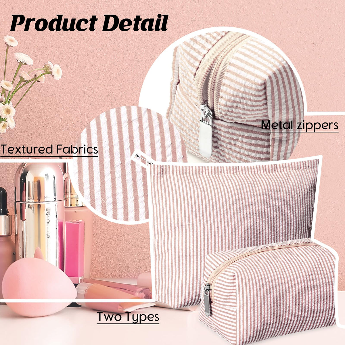 Huhumy 2 Pcs Makeup Bag Set for Women, Khaki, Thin Striped Seersucker - thewildfolk Huhumy 2 Pcs Makeup Bag Set for Women, Khaki, Thin Striped Seersucker