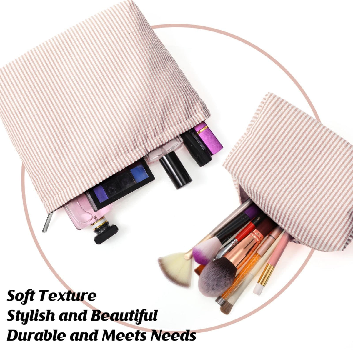 Huhumy 2 Pcs Makeup Bag Set for Women, Khaki, Thin Striped Seersucker - thewildfolk Huhumy 2 Pcs Makeup Bag Set for Women, Khaki, Thin Striped Seersucker