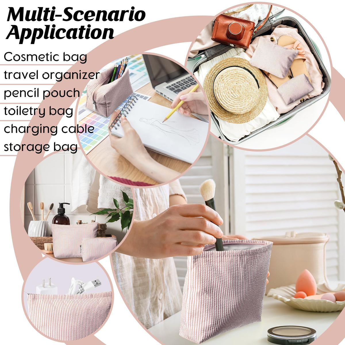 Huhumy 2 Pcs Makeup Bag Set for Women, Khaki, Thin Striped Seersucker - thewildfolk Huhumy 2 Pcs Makeup Bag Set for Women, Khaki, Thin Striped Seersucker