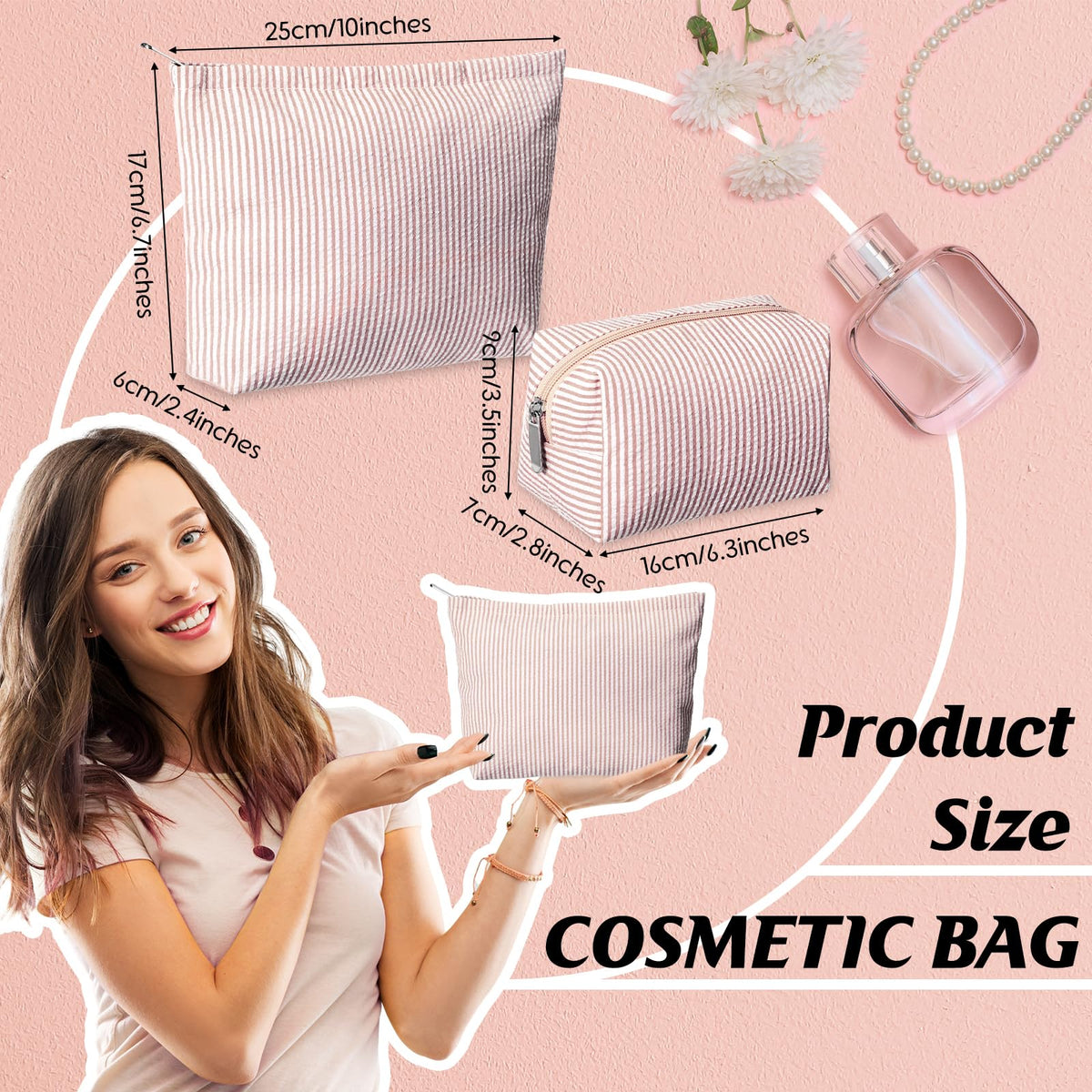 Huhumy 2 Pcs Makeup Bag Set for Women, Khaki, Thin Striped Seersucker - thewildfolk Huhumy 2 Pcs Makeup Bag Set for Women, Khaki, Thin Striped Seersucker