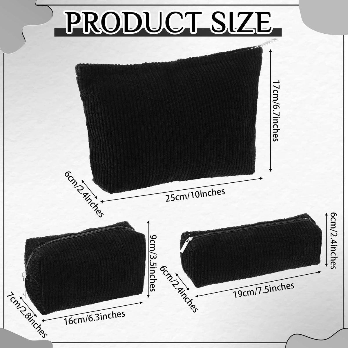 Huhumy 3 Pcs Corduroy Makeup Bag Set for Women Cute Pencil Case, Black,Solid Style - thewildfolk Huhumy 3 Pcs Corduroy Makeup Bag Set for Women Cute Pencil Case, Black,Solid Style