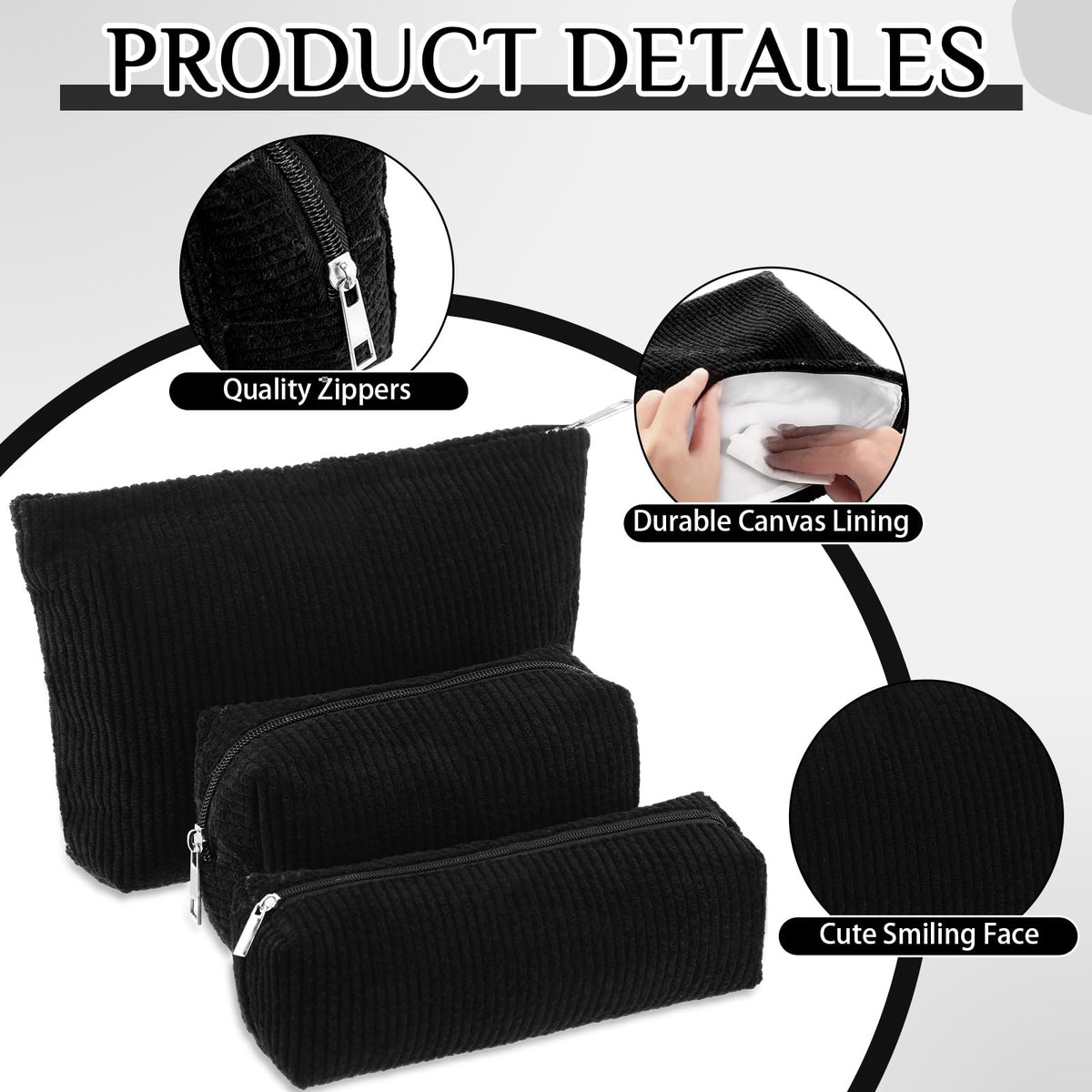 Huhumy 3 Pcs Corduroy Makeup Bag Set for Women Cute Pencil Case, Black,Solid Style - thewildfolk Huhumy 3 Pcs Corduroy Makeup Bag Set for Women Cute Pencil Case, Black,Solid Style