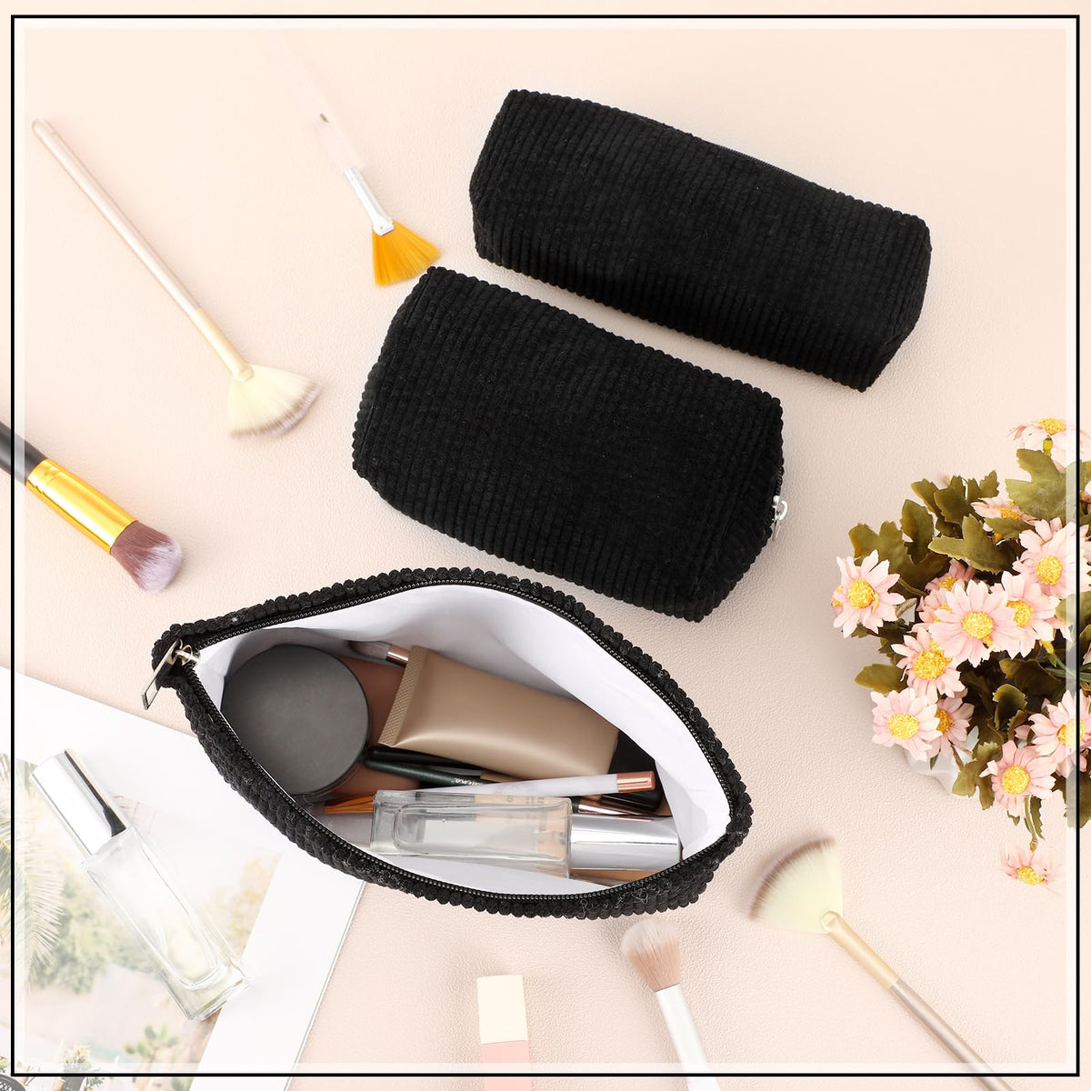 Huhumy 3 Pcs Corduroy Makeup Bag Set for Women Cute Pencil Case, Black,Solid Style - thewildfolk Huhumy 3 Pcs Corduroy Makeup Bag Set for Women Cute Pencil Case, Black,Solid Style