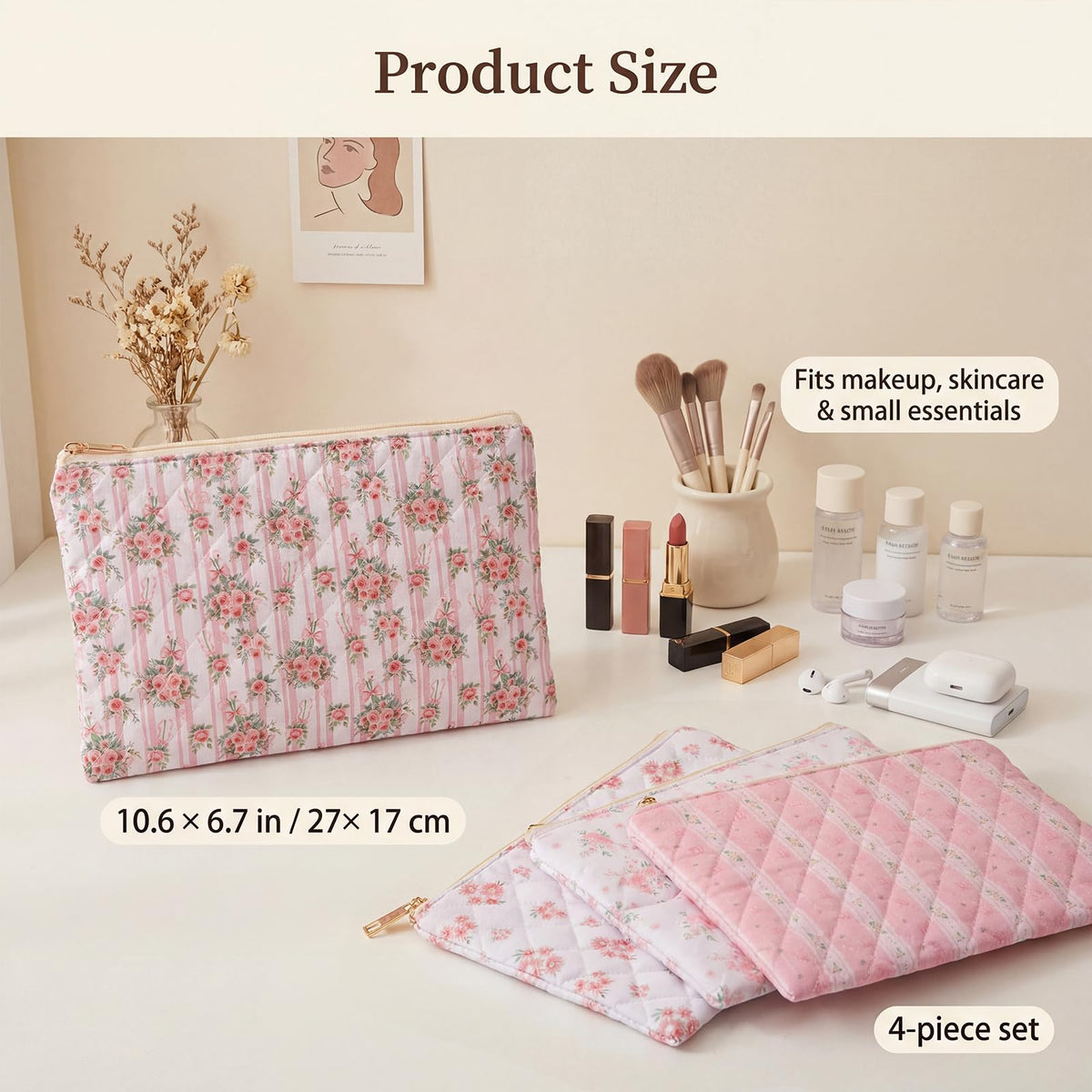 Pimoys Cotton Makeup Bag, Pink Floral Cosmetic Pouch, Zipper Travel Case - thewildfolk Pimoys Cotton Makeup Bag, Pink Floral Cosmetic Pouch, Zipper Travel Case