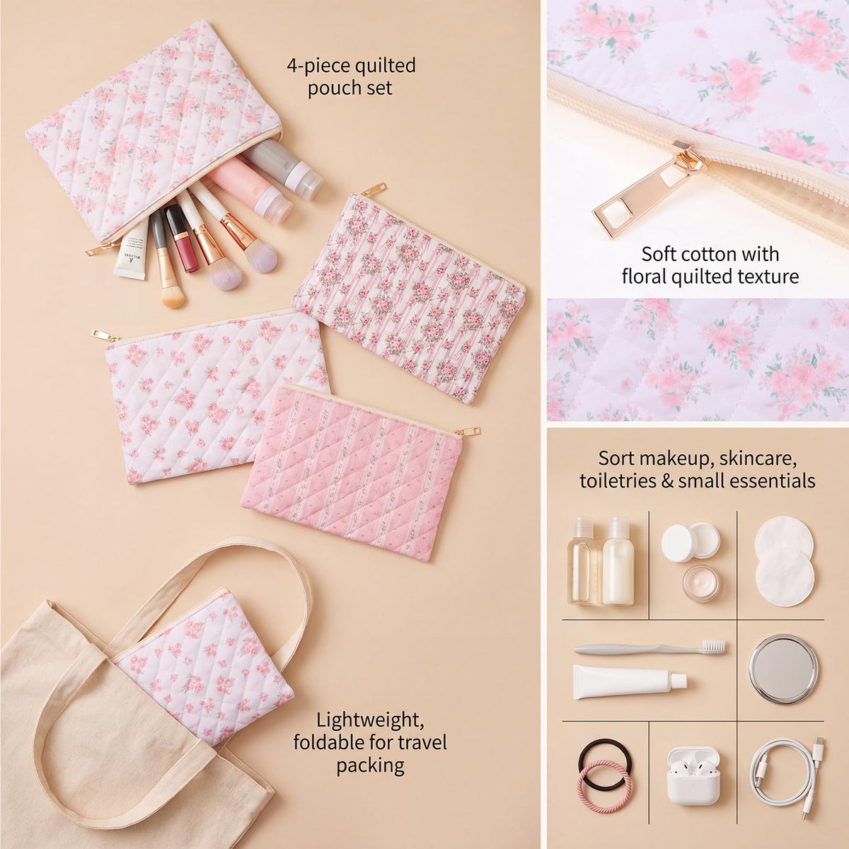 Pimoys Cotton Makeup Bag, Pink Floral Cosmetic Pouch, Zipper Travel Case - thewildfolk Pimoys Cotton Makeup Bag, Pink Floral Cosmetic Pouch, Zipper Travel Case